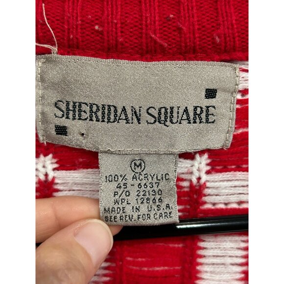 Vintage Sheridan Square Red White Geometric Cardigan Sweater SZ Medium - Picture 6 of 10